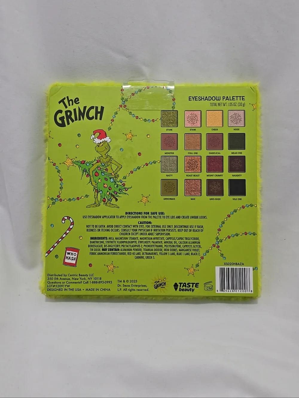 NEW The Grinch 16 Shade Eyeshadow Palette W/ Mirror Furry Cover Beauty Cosmetic